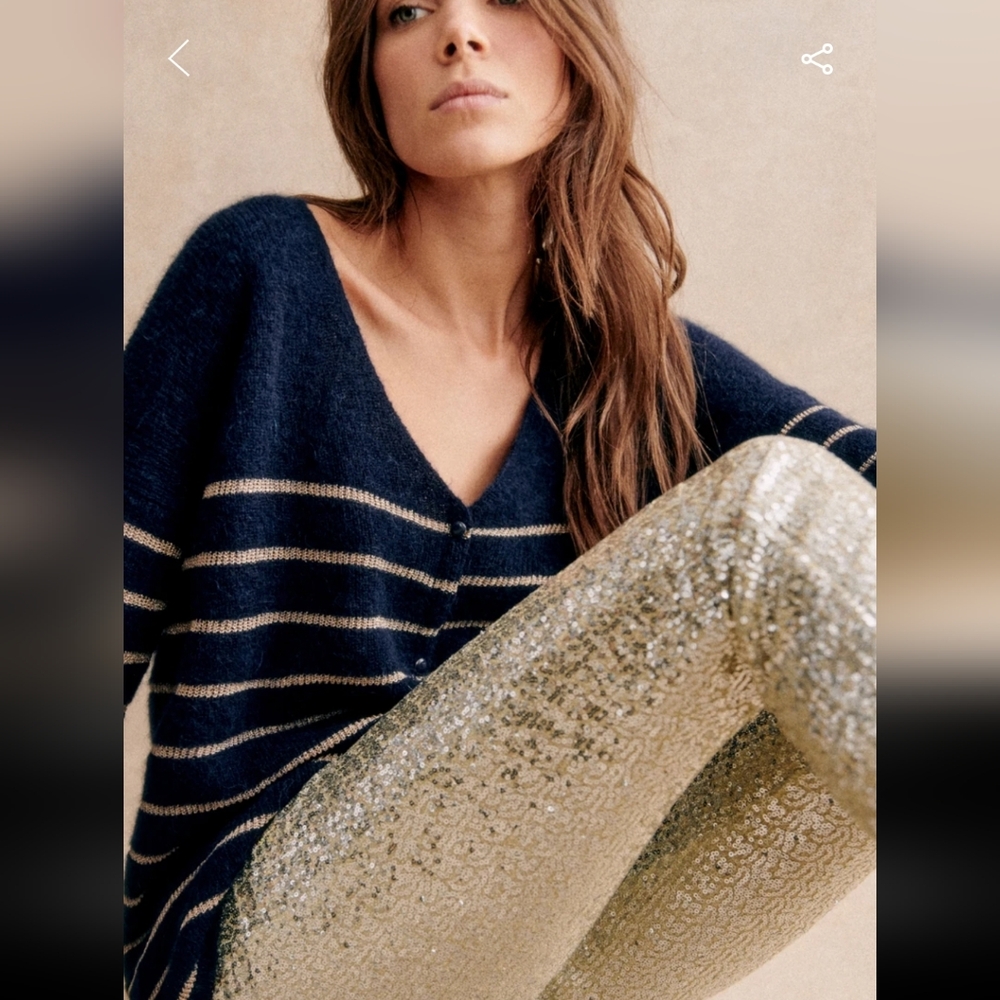 Sezane Barry Navy and Gold Striped Cardigan